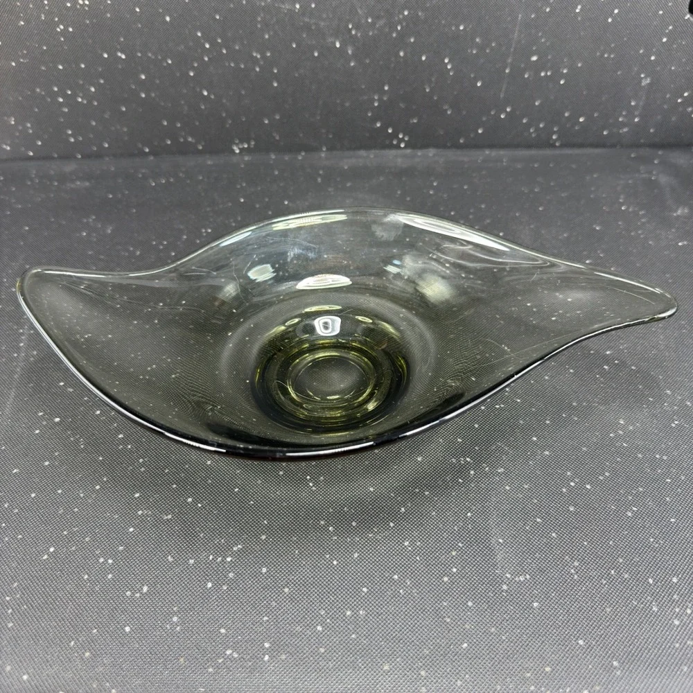 Viking Mid Century Modern Smokey Olive Green Hand Blown Glass Centerpiece Bowl